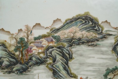 Two Chinese famille rose landscape plaques in a lacquered chest, marked Wang Yeting, 19/20th C.