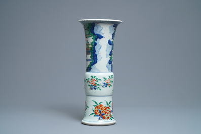 A Chinese wucai gu vase with figures and horses, Shunzhi