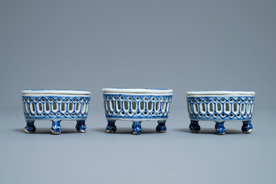 Three Chinese blue and white salts after European silver models, Qianlong