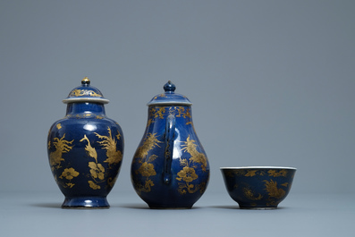 A Chinese gilt-decorated powder blue cream jug, a tea caddy and a tea bowl with roosters, Yongzheng