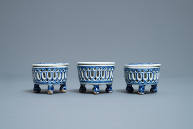 Three Chinese blue and white salts after European silver models, Qianlong