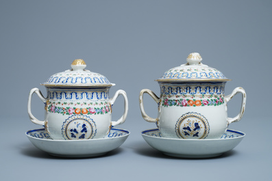 A pair of Chinese famille rose covered bowls on stands, Qianlong