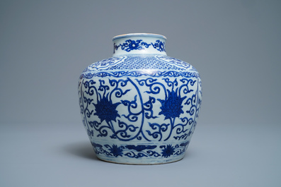 A Chinese blue and white 'lotus scroll' jar, dated 1587, Wanli mark and of the period