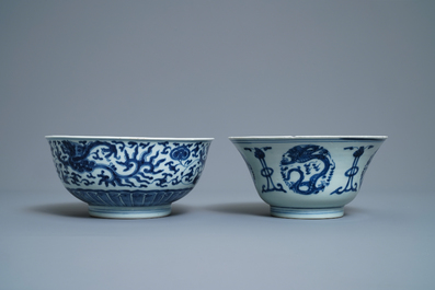 Five Chinese blue and white bowls, Kangxi/Yongzheng