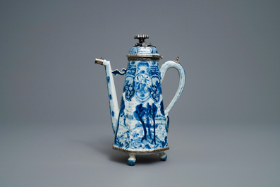 Une cafeti&egrave;re en porcelaine de Chine en bleu et blanc mont&eacute;e d'argent &agrave; d&eacute;cor 'La d&eacute;esse Europe et le taureau', Kangxi