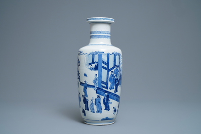 A Chinese blue and white rouleau vase with a court scene, Kangxi