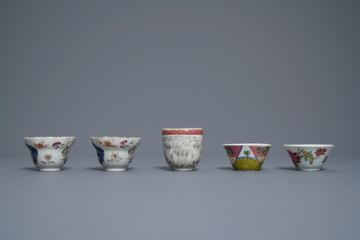 Five Chinese famille rose cups and saucers and two 'Mandarin' teapots, Yongzheng/Qianlong