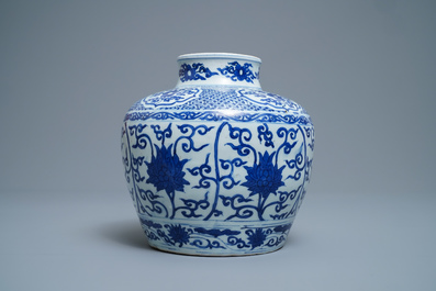 A Chinese blue and white 'lotus scroll' jar, dated 1587, Wanli mark and of the period