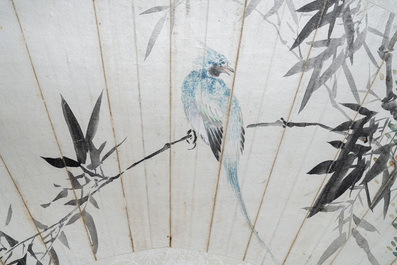 Lian Xi (1816-1884), ink and colour on paper, dated 1877: 'A fan painting with a bird'