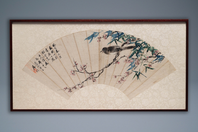 Lian Xi (1816-1884), ink and colour on paper, dated 1877: 'A fan painting with a bird'