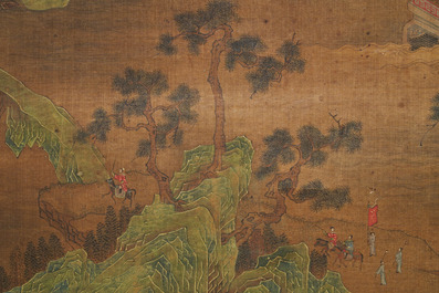 Chinese school, signed Yuanbian Xiang (1525-1590), ink and colour on silk: 'Landscape after Zhao Boju'