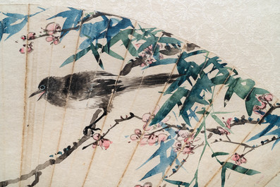 Lian Xi (1816-1884), ink and colour on paper, dated 1877: 'A fan painting with a bird'