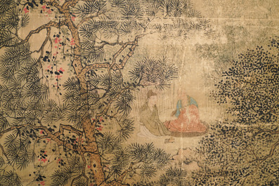 Chinese school, signed Hua Yan (1682-1756), ink and colour on paper: 'Scholars in a mountain forest'