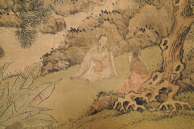 Chinese school, gesign. Hua Yan (1682-1756), inkt en kleur op papier: 'Wijzen in een bergwoud'