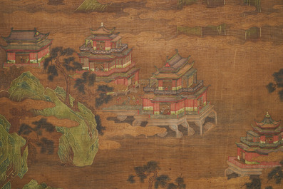 Ecole chinoise, sign&eacute; Yuanbian Xiang (1525-1590), encre et couleurs sur soie: 'Paysage d'apr&egrave;s Zhao Boju'
