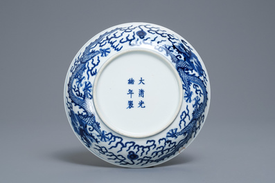 A Chinese blue and white dragon plate, Guangxu mark and of the period