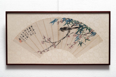 Lian Xi (1816-1884), ink and colour on paper, dated 1877: 'A fan painting with a bird'