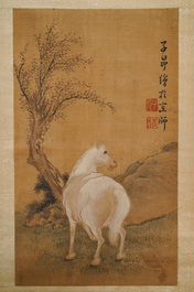 Chinese school, naar Zhao Mengfu (1254-1322), inkt en kleur op zijde, 19/20e eeuw: 'Vier paarden'