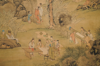 Chinese school, signed Hua Yan (1682-1756), ink and colour on paper: 'Scholars in a mountain forest'