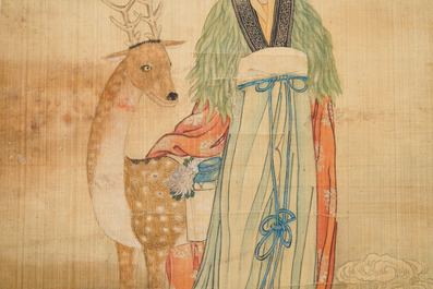 Chinese school, ink and colour on silk, Qing: 'Magu with deer'