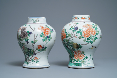A pair of Chinese famille verte vases with birds and insects, Kangxi