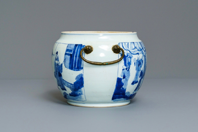 A Chinese blue and white bronze-mounted bowl, Kangxi