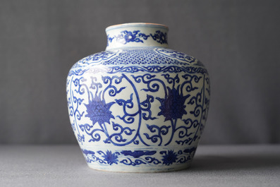 A Chinese blue and white 'lotus scroll' jar, dated 1587, Wanli mark and of the period