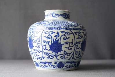 A Chinese blue and white 'lotus scroll' jar, dated 1587, Wanli mark and of the period