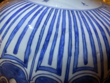 An imperial Chinese blue and white 'lotus scroll' meiping vase, Wanli mark and of the period