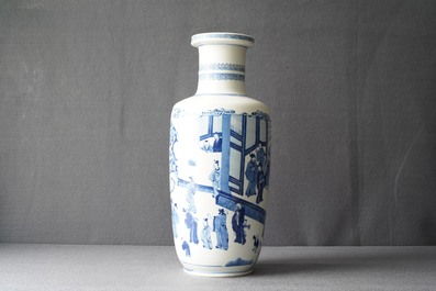 A Chinese blue and white rouleau vase with a court scene, Kangxi