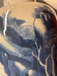 A Chinese blue and white rouleau vase with figures in a landscape, Kangxi
