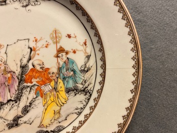 Sept assiettes en porcelaine de Chine famille rose &agrave; d&eacute;cor de Luohan avec un tigre, Qianlong