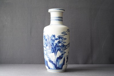 A Chinese blue and white rouleau vase with a court scene, Kangxi