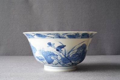 A fine Chinese blue and white 'Herons by a lotus pond' bowl, Fu mark, Kangxi