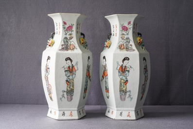 A pair of Chinese hexagonal qianjiang cai vases with ladies, 19/20th C.