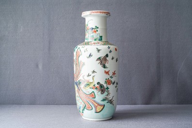 A large Chinese famille verte jardini&egrave;re and a rouleau vase, 19th C.