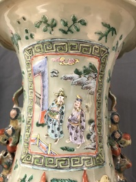 A pair of large Chinese famille verte celadon-ground vases with figural design, 19th C.