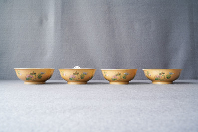 Four Chinese famille rose caf&eacute;-au-lait-ground bowls, Daoguang mark and of the period
