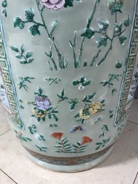 A pair of large Chinese famille verte celadon-ground vases with figural design, 19th C.