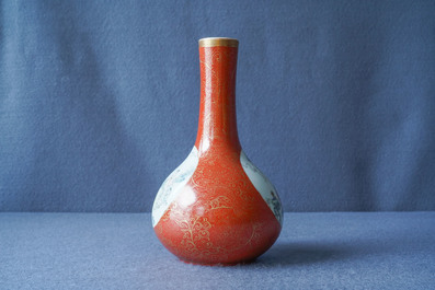 A Chinese famille rose coral-ground vase, Qianlong mark, 19/20th C.