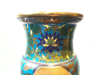 A large Chinese cloisonn&eacute; hu vase with lotus scrolls, marked Qi Yu Bao Tung Chih Chen, 19th C.