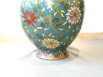 A large Chinese cloisonn&eacute; hu vase with lotus scrolls, marked Qi Yu Bao Tung Chih Chen, 19th C.