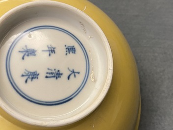 Een keizerlijke Chinese monochroom gele kom, Kangxi merk en periode