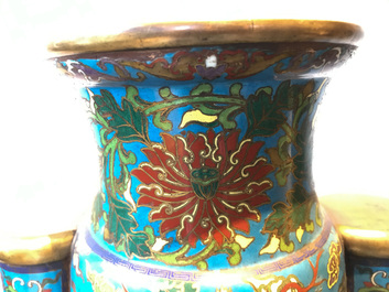 A large Chinese cloisonn&eacute; hu vase with lotus scrolls, marked Qi Yu Bao Tung Chih Chen, 19th C.