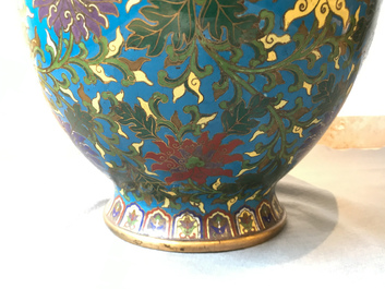 A large Chinese cloisonn&eacute; hu vase with lotus scrolls, marked Qi Yu Bao Tung Chih Chen, 19th C.