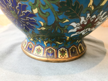 A large Chinese cloisonn&eacute; hu vase with lotus scrolls, marked Qi Yu Bao Tung Chih Chen, 19th C.