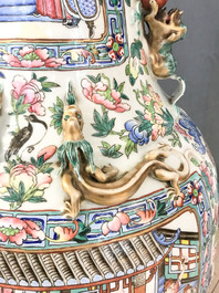 A pair of large Chinese famille rose court scene vases, 19th C.