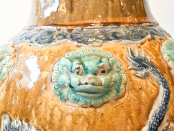 A large Chinese polychrome stoneware martaban jar and cover, Ming/Qing
