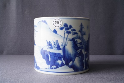 A Chinese blue and white 'landscape' brush pot, bitong, Kangxi