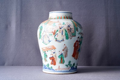 A Chinese wucai vase with wooden cover, Transitional period